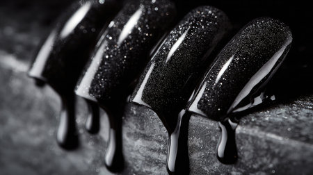 Artistic close-up of dripping gel polish on a flat surface with reflective lightの素材