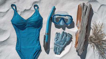Beach-themed flat lay with blue swimsuit, snorkel mask, and driftwood on white sandの素材