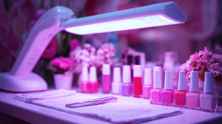 Close-up of UV lamp on a salon table with gel nail tools and polish bottles in the backgroundの素材
