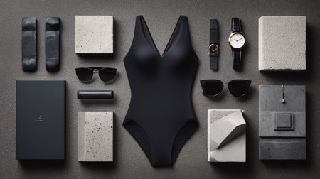 Minimalist flat lay of a black one-piece swimsuit with modern beachwear accessoriesの素材