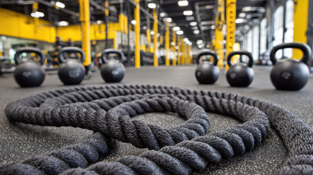 Training area featuring battle ropes coiled on floor with kettlebells in backgroundの素材