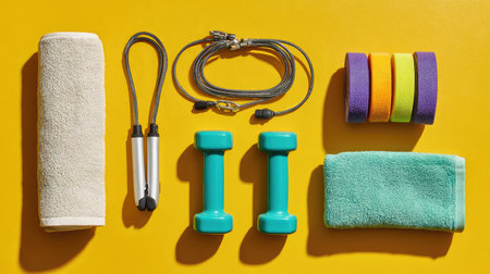 Top-down view of compact workout kit jump rope, ankle weights, resistance bands, and towelの素材