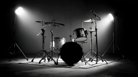 Drum kit with mic stands capturing overhead and snare positions under studio lightsの素材