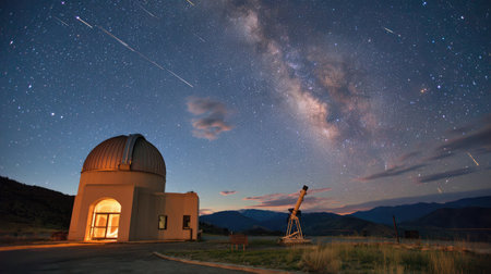 Long-exposure shot of telescope pointed at Milky Way with starlight trails aboveの素材