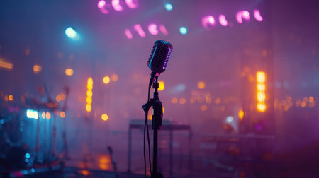 Live stage setup with microphone in front of colored stage lights and fog effectsの素材