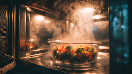 Microwave with clear glass container of vegetables steaming gently mid-cycleの素材