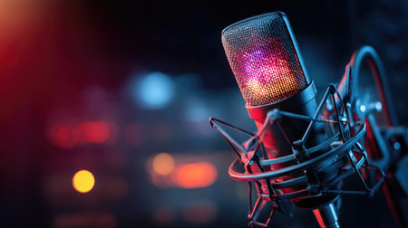 Microphone with colorful LED lights in a sound booth setting for vocal recordingの素材