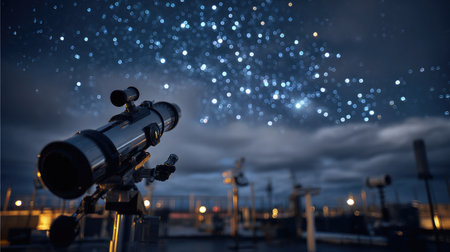 Sleek black telescope resting on a rooftop under a sky full of constellationsの素材