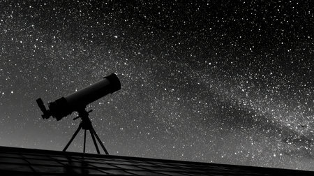 Sleek black telescope resting on a rooftop under a sky full of constellationsの素材