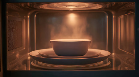 Single-serving meal rotating on microwave plate with warm yellow interior lightの素材