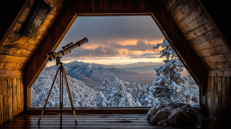 Telescope aimed through window of wooden cabin with snow-covered view outsideの素材