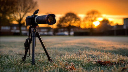 Telescope on a tripod surrounded by dew-covered grass at sunriseの素材