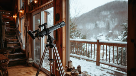 Telescope aimed through window of wooden cabin with snow-covered view outsideの素材