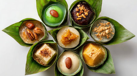Assorted Thai desserts in banana leaf cups placed in a circular pattern on white backdropの素材