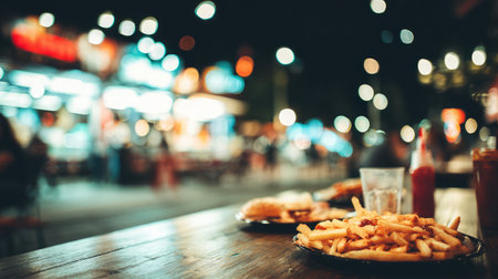 Artistic blur shot of fries in foreground with fast food table in soft focusの素材