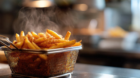 Deep-fried fries in a wire basket with steam rising and blurred kitchen backgroundの素材