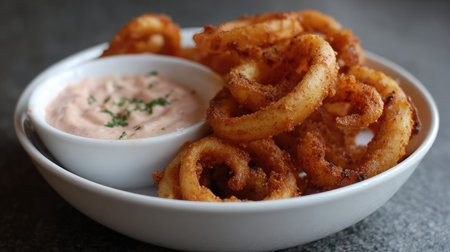 Curly fries golden and crisp placed in a white bowl with spicy mayo dip besideの素材