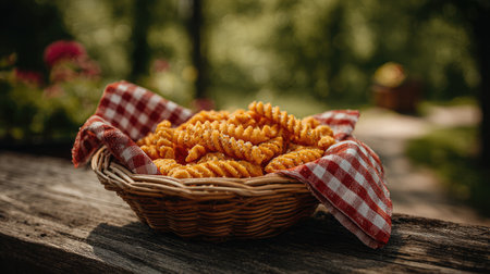 Freshly salted fries in a rustic woven basket with checkered napkin underneathの素材