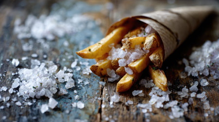 French fries in a paper cone resting on a rustic table with spilled salt crystalsの素材