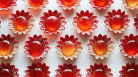 Glazed Thai palm sugar jelly in flower molds arranged in rows on plain white backgroundの素材