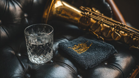 Saxophone resting on a leather chair beside a glass of water and cleaning clothの素材