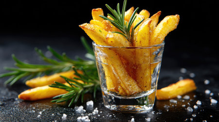 Mini portion of fries in a shot glass served as a gourmet appetizerの素材