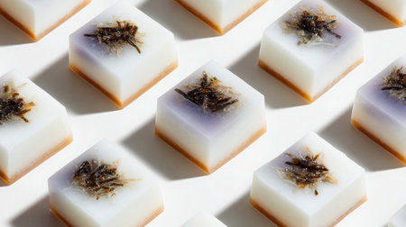 Thai taro pudding in small square portions neatly lined on a white backgroundの素材