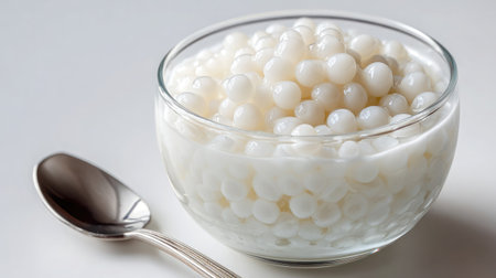 Tapioca pearl dessert in coconut cream served in glass bowl with spoon on whiteの素材