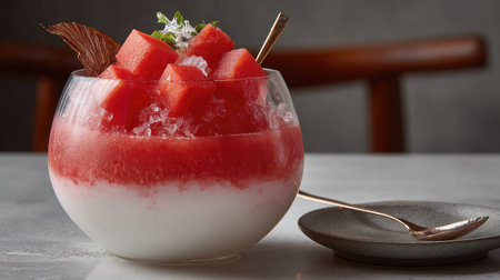 Tub Tim Grob red ruby dessert served in a glass bowl with ice and coconut milk on whiteの素材