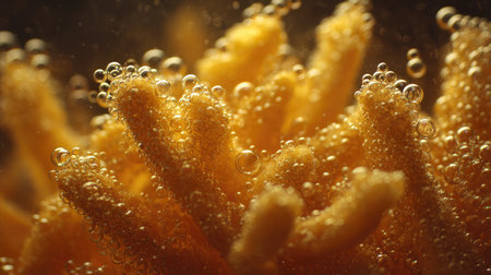 Ultra-crispy fries close-up showing texture and golden bubbles on the surfaceの素材