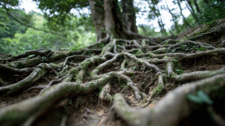 Close-up view of thick tree root systems and base with monkey scratch patterns on barkの素材