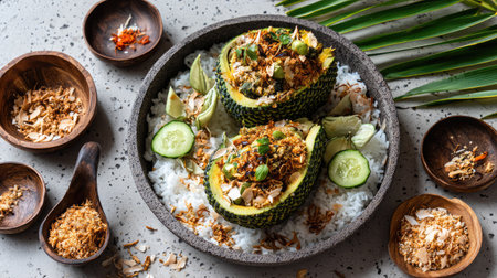 Jackfruit stuffed with sticky rice and coconut, carefully styled over a white baseの素材