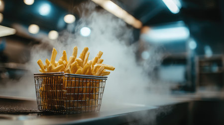 Deep-fried fries in a wire basket with steam rising and blurred kitchen backgroundの素材