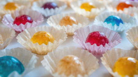 Thai coconut candy wrapped in colorful wax paper displayed like gems on whiteの素材