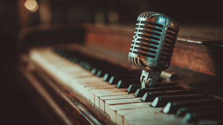 Studio microphone positioned near piano keys with ambient light creating moody shadowsの素材