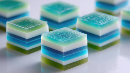 Layered coconut jelly and pandan jelly in striped squares placed on white surfaceの素材