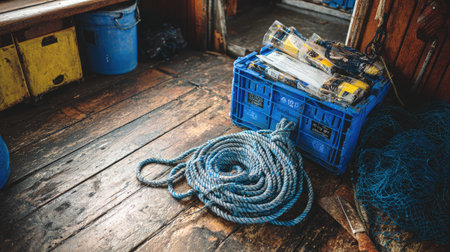 Coiled nylon rope next to a plastic crate and net bundle on the wooden floor of a boatの素材