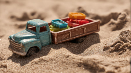 Close-up of toy truck with textured plastic toys inside, resting on soft and even beach sandの素材