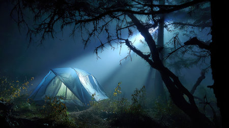 Beam of light from flashlight creates shadows of branches around tent in a quiet night sceneの素材