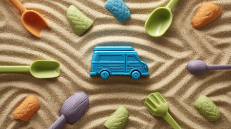 Beach toy truck surrounded by a few molds and scoops, all placed on ripple-free sandの素材