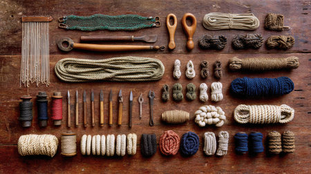 Fishing net tools and cord arranged neatly beside nautical knots on woodの素材