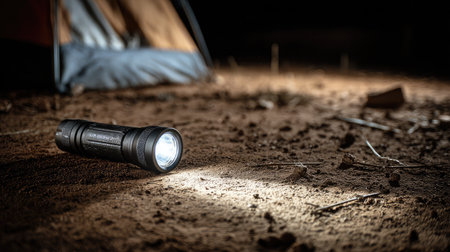 Flashlight resting near tent entrance glows gently, highlighting dirt and scattered twigs in the darkの素材