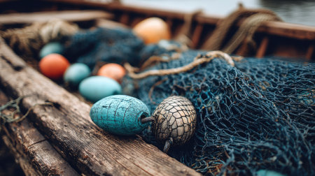 Detailed shot of a fishing boat deck with tangled nets, buoys, and weathered wood textureの素材