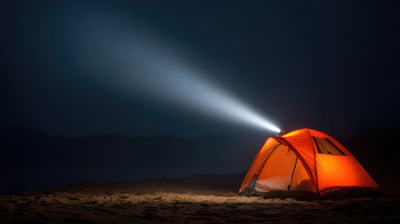 Flashlight light beam creates circular glow on sand next to silent tent at nightの素材
