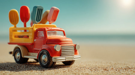 Colorful plastic toy truck filled with shovels and molds parked on smooth sandy beach under bright sunlightの素材