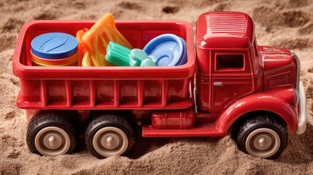 Detailed view of sand toy truck filled with gear on untouched coastal sand backgroundの素材