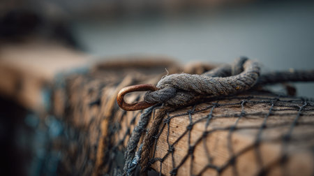 Fishing rope tied in a perfect loop with metal hook beside weathered nettingの素材