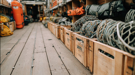 Gear storage section of a boat with rope bundles, netting, and wooden crates alignedの素材