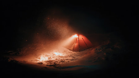Flashlight light beam creates circular glow on sand next to silent tent at nightの素材