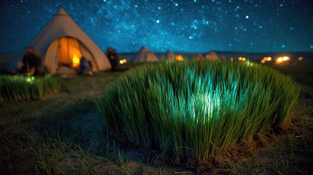 Illuminated patch of grass beside tent created by a flashlight placed carefully on the groundの素材